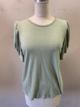 Womens, Top, BABEAU, Lt Olive Grn, Polyester, Rayon, Solid, L, Short Sleeves, Crew Neck, Puff Sleeve, Gathered Knot at Cuff, Knit