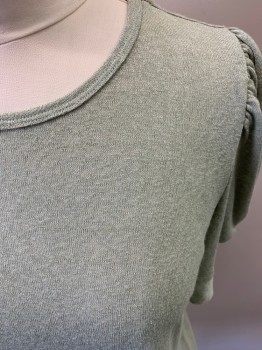 Womens, Top, BABEAU, Lt Olive Grn, Polyester, Rayon, Solid, L, Short Sleeves, Crew Neck, Puff Sleeve, Gathered Knot at Cuff, Knit