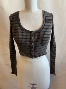 Womens, Top, URBAN OUTFITTERS, Dk Brown, Dk Gray, Lt Brown, Cotton, Polyester, Stripes, M, Scoop Neck, Button Front, Long Sleeves