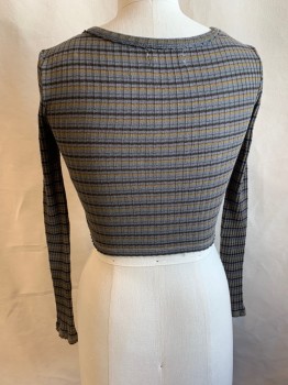 Womens, Top, URBAN OUTFITTERS, Dk Brown, Dk Gray, Lt Brown, Cotton, Polyester, Stripes, M, Scoop Neck, Button Front, Long Sleeves