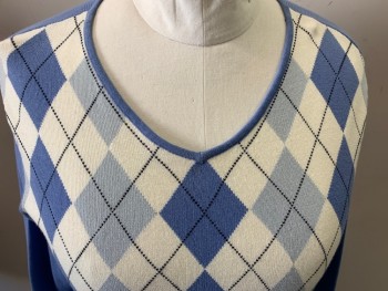 Womens, Pullover, CHARTER CLUB, Periwinkle Blue, White, Black, Lt Gray, Cotton, Argyle, 1X, Semi-v Neck, Long Sleeves, Pullover,