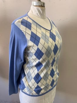 Womens, Pullover, CHARTER CLUB, Periwinkle Blue, White, Black, Lt Gray, Cotton, Argyle, 1X, Semi-v Neck, Long Sleeves, Pullover,
