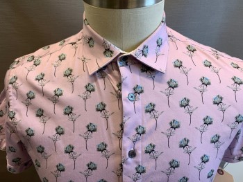 Mens, Casual Shirt, TED BAKER, Lavender Purple, Black, Gray, Aqua Blue, Blue, Cotton, Spandex, Floral, L, Short Sleeves, Button Front, Collar Attached, Fitted, Hidden Button Down Collar