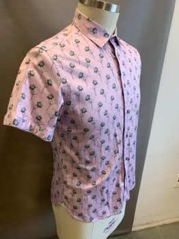 Mens, Casual Shirt, TED BAKER, Lavender Purple, Black, Gray, Aqua Blue, Blue, Cotton, Spandex, Floral, L, Short Sleeves, Button Front, Collar Attached, Fitted, Hidden Button Down Collar