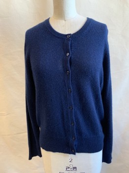 CHARTER CLUB, Navy Blue, Cashmere, Solid, Button Front, Ribbed Knit Waistband/Cuff/Placket, Crew Neck