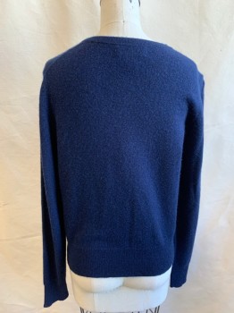 Womens, Sweater, CHARTER CLUB, Navy Blue, Cashmere, Solid, S, Button Front, Ribbed Knit Waistband/Cuff/Placket, Crew Neck