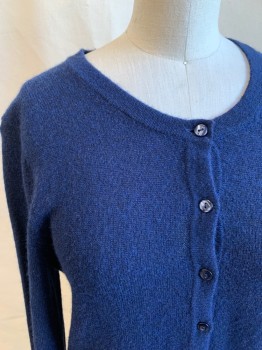CHARTER CLUB, Navy Blue, Cashmere, Solid, Button Front, Ribbed Knit Waistband/Cuff/Placket, Crew Neck