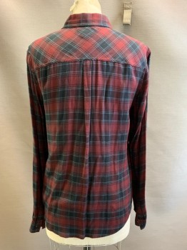 Womens, Blouse, PAIGE, Black, Dk Red, Steel Blue, Viscose, Plaid, S, L/S, Button Front, Collar Attached, Pocket Chests