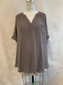 Womens, Blouse, WORTHINGTON, Dusty Brown, Polyester, Solid, XXL, Band Collar, V-N, S/S, Folded Cuffs,