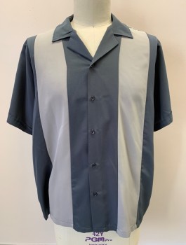 Mens, Casual Shirt, MAXIMOS USA YUCATAN, Dk Gray, Lt Gray, Polyester, Color Blocking, XL, Button Front, S/S, C.A., Raw Edge At Rt Shoulder From Alteration See Detail Photo,