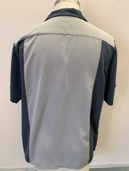 Mens, Casual Shirt, MAXIMOS USA YUCATAN, Dk Gray, Lt Gray, Polyester, Color Blocking, XL, Button Front, S/S, C.A., Raw Edge At Rt Shoulder From Alteration See Detail Photo,