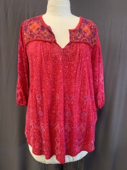 Womens, Top, LUCKY BRAND, Raspberry Pink, Multi-color, Cotton, Viscose, Floral, 1X, V-N, L/S, Pink And Orange Geo/Floral Embroidery,