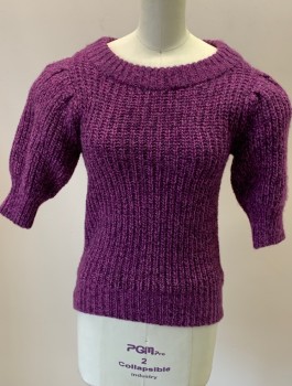 Womens, Pullover, INC, Magenta Purple, Acrylic, Polyester, Heathered, XS, Wide Jewel Neck, Puff 3/4 Sleeves