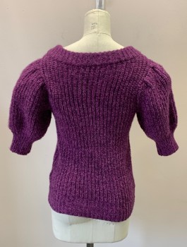 Womens, Pullover, INC, Magenta Purple, Acrylic, Polyester, Heathered, XS, Wide Jewel Neck, Puff 3/4 Sleeves