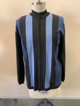 BACHRACH, Wool, Mock Neck, Zip Front, Charcoal Grey & Light Blue 2" Vertical Stripes