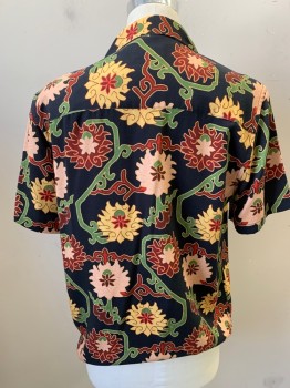 Mens, Casual Shirt, SATURDAYS, Midnight Blue, Green, Cream, Red Burgundy, Lt Pink, Lyocell, Abstract , Floral, M, Short Sleeves, Button Front, Collar Attached,
