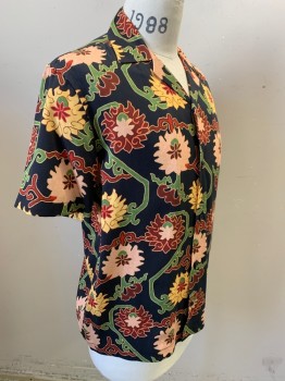 Mens, Casual Shirt, SATURDAYS, Midnight Blue, Green, Cream, Red Burgundy, Lt Pink, Lyocell, Abstract , Floral, M, Short Sleeves, Button Front, Collar Attached,