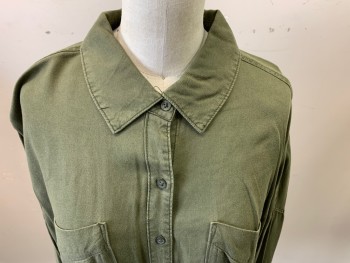 Womens, Blouse, BP, Olive Green, Rayon, Solid, S, Long Sleeves, Button Front, Collar Attached, 2 Pockets,