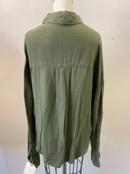 BP, Olive Green, Rayon, Solid, Long Sleeves, Button Front, Collar Attached, 2 Pockets,