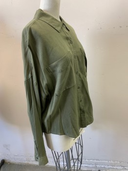 BP, Olive Green, Rayon, Solid, Long Sleeves, Button Front, Collar Attached, 2 Pockets,