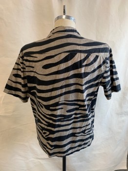 Mens, Casual Shirt, ALL SAINTS, Black, Olive Green, Cotton, Animal Print, Faded, M, S/S, Button Front, Relaxed Fit, Zebra Print