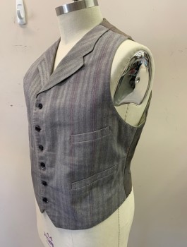 SIAM COSTUMES , Gray, Cotton, Herringbone, Notched Lapel, 6 Buttons, 4 Welt Pockets, Burgundy Top Stitching, Ecru/Mint Striped Lining, Solid Gray Back, Belted Back Waist, Made To Order