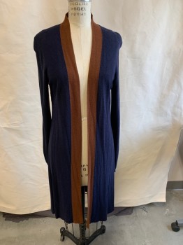 EILEEN FISHER, Navy Blue, Brown, Cotton, Solid, L/S, Open Front, Knit Cardigan, Below Knee Length, Slits At Sides