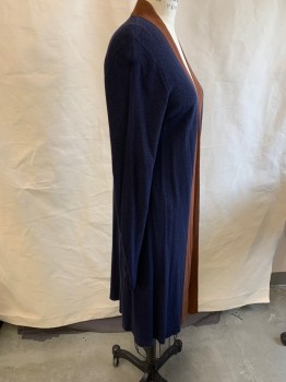 Womens, Cardigan Sweater, EILEEN FISHER, Navy Blue, Brown, Cotton, Solid, S, L/S, Open Front, Knit Cardigan, Below Knee Length, Slits At Sides