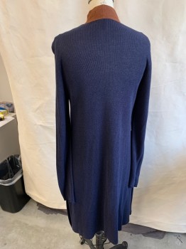 Womens, Sweater, EILEEN FISHER, Navy Blue, Brown, Cotton, Solid, S, L/S, Open Front, Knit Cardigan, Below Knee Length, Slits At Sides