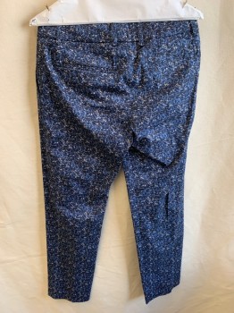 Womens, Pants, PIAZZA SEMPIONE, Blue, Black, White, Cotton, Elastane, Abstract , Floral, M, F.F, Zip Front, Hook Closure, Taperred Leg, 4 Pockets, Mid Rise