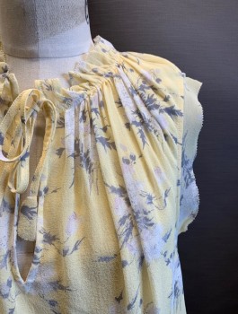 Womens, Top, REBECCA TAYLOR, Lt Yellow, Silk, Polyester, Floral, 6, V-N, Ruffle Neck, Slvls, Ties at Neck, White and Dark Gray Floral Print
