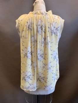 Womens, Top, REBECCA TAYLOR, Lt Yellow, Silk, Polyester, Floral, 6, V-N, Ruffle Neck, Slvls, Ties at Neck, White and Dark Gray Floral Print
