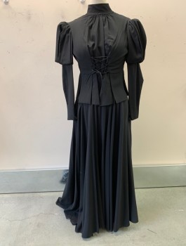 Womens, Historical Fict 2 Piece Dress, N/L, Black, Poly/Cotton, Solid, W:30, B:38, Bodice: Fantasy/Historically Inspired Costume, Long Sleeves with Slashed Puffy Upper Sleeves, High Neck, Lace Up CF, Tabbed Waist, CB Zipper, Hybrid of 1500's and 1800's Styles