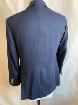 Mens, Sportcoat/Blazer, VINEYARD VINES, Navy Blue, Wool, Spandex, Solid, 38R, Single Breasted, 2 Buttons,  3 Pockets, Notched Lapel, Double Vent, Gold Anchor Buttons