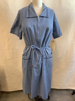 Womens, Waitress/Maid, ZIP & DASH, Dusty Blue, Poly/Cotton, Heathered, 12, Zip Front, Short Sleeves, Collar Attached, Navy Contrast Stitching, 2 Pockets, Self Tie Belt