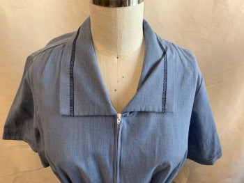 ZIP & DASH, Dusty Blue, Poly/Cotton, Heathered, Zip Front, Short Sleeves, Collar Attached, Navy Contrast Stitching, 2 Pockets, Self Tie Belt