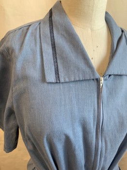 Womens, Waitress/Maid, ZIP & DASH, Dusty Blue, Poly/Cotton, Heathered, 12, Zip Front, Short Sleeves, Collar Attached, Navy Contrast Stitching, 2 Pockets, Self Tie Belt