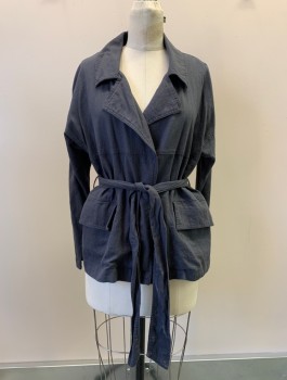 Womens, Casual Jacket, CASLON, Charcoal Gray, Cotton, Solid, S, L/S, Open Front, Collar Attached, Top Pockets, With Waist belt