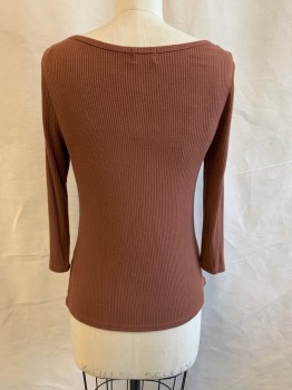 PST LOS ANGELES, Brown, Rayon, Spandex, Solid, Long Sleeves, Bateau/Boat Neck, Rib Knit, MULTIPLES