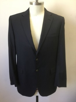 Mens, Sportcoat/Blazer, HICKEY FREEMAN, Navy Blue, Wool, Solid, 44L, Dark Navy, Single Breasted, Notched Lapel, 2 Gold Metal Embossed Buttons, 3 Pockets