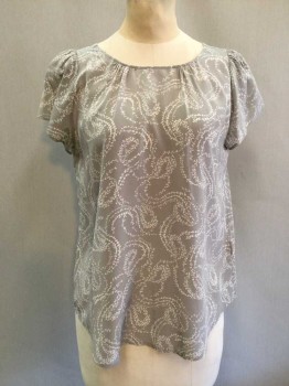 GIRL, Lt Gray, White, Silk, Abstract , Short Sleeve, Crew Neck with Pleat Detail, Gray with White Swirl Pattern