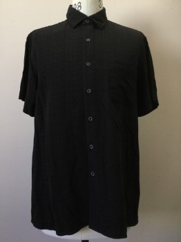 TASSO ELBA, Black, Silk, Rayon, Solid, Black, Button Front, Self Texture, 1 Pocket, Short Sleeves, Double,