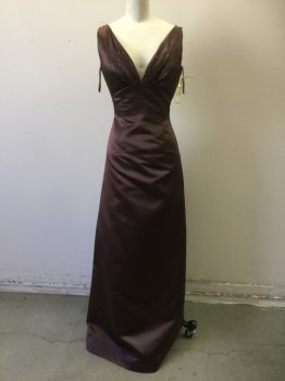 Womens, Evening Gown, NO LABEL, Brown, Polyester, Beaded, Solid, W 24, B 36, Brown, Plunge Neck, Sleeveless, Gathered & Beaded Bust,