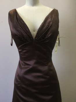 Womens, Evening Gown, NO LABEL, Brown, Polyester, Beaded, Solid, W 24, B 36, Brown, Plunge Neck, Sleeveless, Gathered & Beaded Bust,
