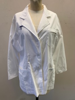 Womens, Lab Coat Women, LANDAU, White, Poly/Cotton, S, 3 Buttons, Notched Lapel, Navy Embroidered Medical Symbol on Chest, 5 Pockets Including Zip Pocket on Chest, Self Attached Belt Detail at Back Waist