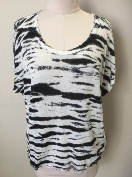 Womens, Top, N/L, Off White, Black, Linen, Abstract , XL, Off White with Black Broken Horizontal  Fuzzy Edge Abstract Print,  Beat-up/Torn Big Round Neck &  Cap Sleeves Trim Work