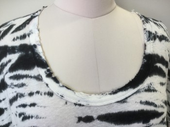 N/L, Off White, Black, Linen, Abstract , Off White with Black Broken Horizontal  Fuzzy Edge Abstract Print,  Beat-up/Torn Big Round Neck &  Cap Sleeves Trim Work