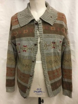 Mens, Cardigan Sweater, THE HUNT, Rust Orange, Brown, Red, Beige, Acrylic, Stripes, Geometric, XL, Dingy Overdye, Lots Of Holes, Leather Basket Weave Buttons