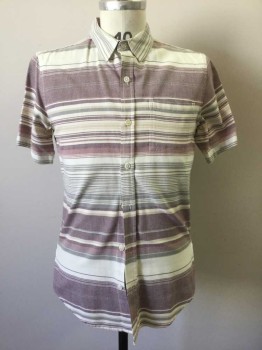 ON THE BYAS, Cream, Maroon Red, Gray, Cotton, Stripes - Horizontal , Button Front, Collar Attached, Short Sleeve,  1 Pocket,