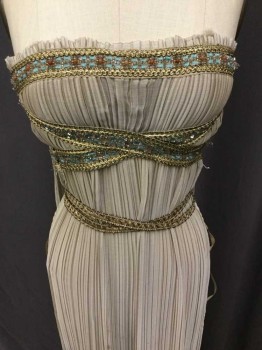 MTO, Taupe, Gold, Turquoise Blue, Coral Orange, Silk, Made To Order, Wrinkle Pleated Silk, Strapless Based On A Bra, Ribbon with Turquoise Embroidery, Orange Beads, Gold Trim, Open Sides